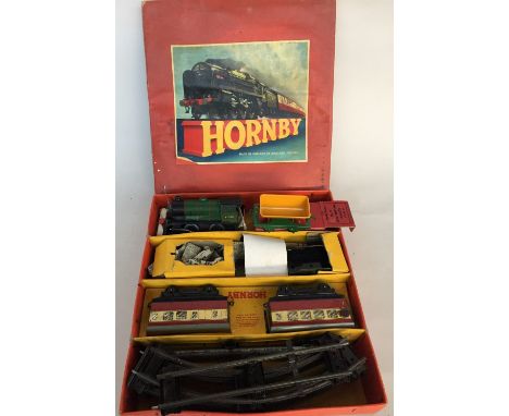 A vintage boxed tin Clockwork Hornby Train, Gauge 0, Passenger set No 31LF with Locomotive 45746 with wind-up key, tender and