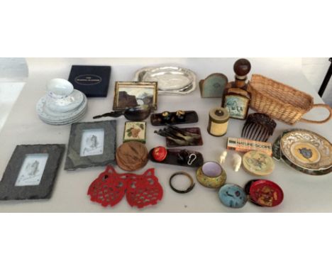 A mixed lot to include two boxed slate photo frames, various pieces of enamel ware, various pieces of tortoiseshell including