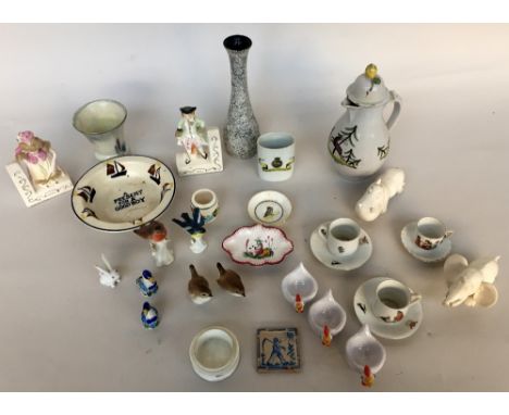 A selection of ceramics and glass including Emma Bridgewater, Tuscan China bird figurines, a stoneware jug with 'E' mark to b