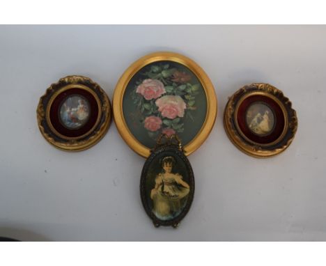 Three framed miniature pictures of a courting couple and ladies playing music together with a floral print in oval frame (4)