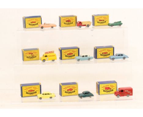 Matchbox: A collection of nine assorted boxed Moko Lesney Matchbox vehicles to comprise: Ford Zodiac Convertible 39A, one box