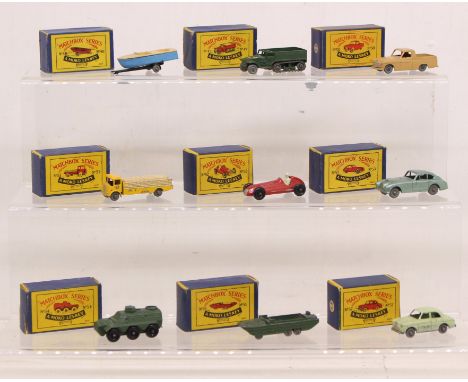 Matchbox: A collection of nine assorted boxed Moko Lesney Matchbox vehicles to comprise: Meteor Sports Boat and Trailer 48A; 