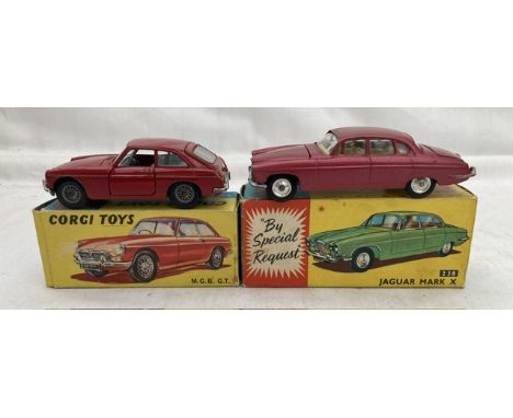 Corgi: A pair of boxed Corgi Toys vehicles: M.G.B. G.T. 327 in good condition, light playwear in fair box; and Jaguar Mark X 