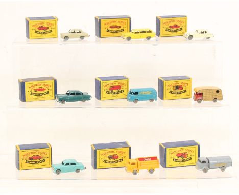 Matchbox: A collection of nine assorted boxed Moko Lesney Matchbox vehicles to comprise: Ford Prefect 30A; American Ford Stat