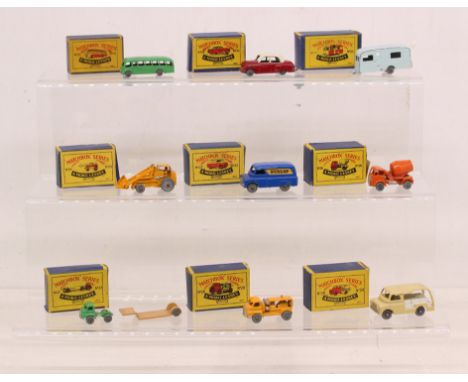 Matchbox: A collection of nine assorted boxed Moko Lesney Matchbox vehicles to comprise: Long Distance Coach 21A; Vauxhall Cr