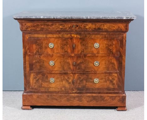 A 19th Century French Empire figured mahogany commode with grey veined marble slab to top, with reeded edge, fitted one friez