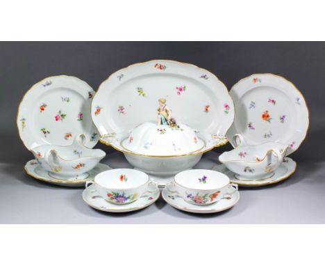A 20th Century Meissen porcelain part dinner service enamelled in colours with "Deutsche Blumen", comprising - two circular v