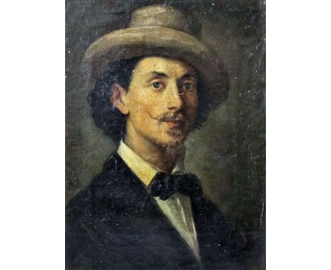 19th Century Italian school - Oil painting - Shoulder-length portrait of man with moustache and goatee beard, sporting a broa