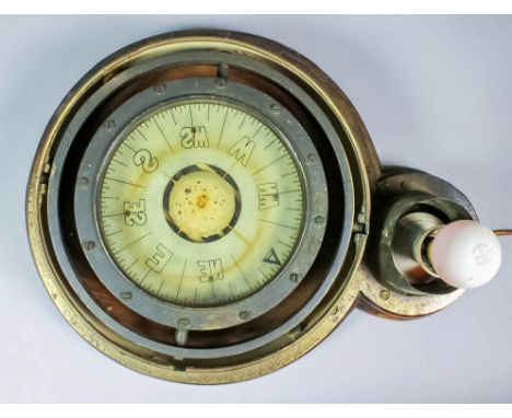 A 19th/20th Century brass cased ships binnacle compass with 7.5ins compass and oil lamp (now converted to electricity, mounte