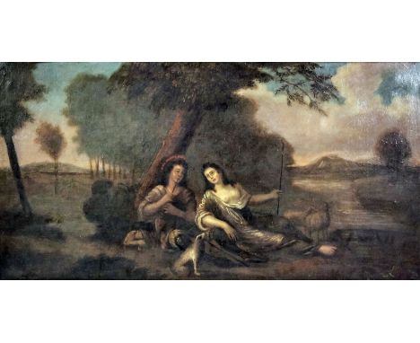 18th Century Continental school - Oil painting - Lovers in an idyllic rural landscape, he playing a musical pipe, she with st