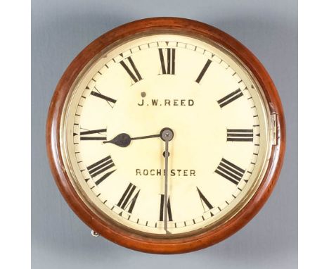 A late Victorian mahogany cased dial wall clock by J.W. Reed of Rochester, the 12ins diameter painted metal dial with Roman n