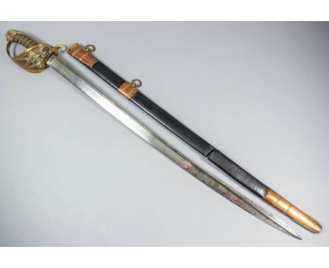 An 1897 pattern "pipe-backed" Naval Officer's sword by Prosser of London, 30ins bright steel blade, engraved with a Royal cyp