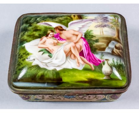 An early 20th Century rectangular Continental porcelain snuff box, the lid enamelled in colours with "Leda and the Swan", the