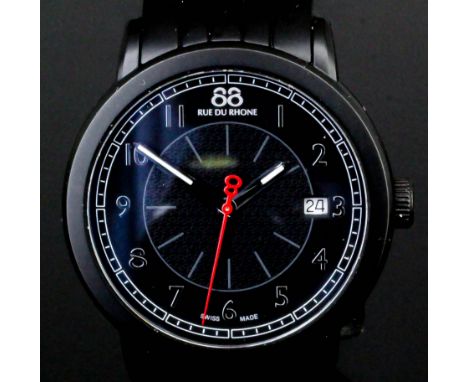 A 2012 gentleman's satin black ceramic coated and stainless steel cased Rue Du Rhone quartz wristwatch, the black dial with A