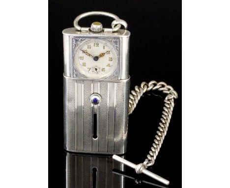 A 1940's gentleman's German silver cased novelty fob watch, the white dial with Arabic numerals and subsidiary seconds dial, 