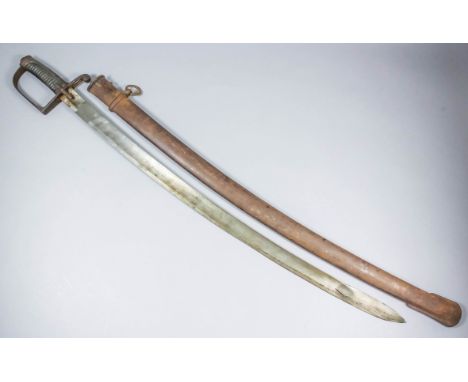 A late 18th/early 19th Century light Calvary sabre, bearing the mark "W. & Co.", 33ins bright steel blade, iron "D" grip, wir