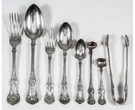 A Victorian Scottish silver single struck Queens pattern table service by Lawrence Aitchison, Glasgow 1853, comprising - Twel