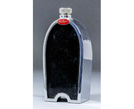 A 1960s plated Ruddspeed Limited Bugatti radiator flask (design No. 909778), with screw top and red and gilt Bugatti badge, 8