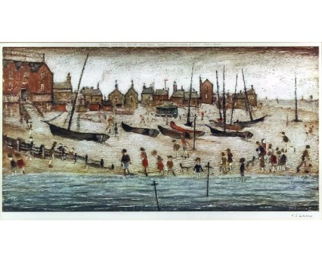 ARR Laurence Stephen Lowry (1887-1976) - Offset lithograph in colours - "The Beach, 1947", a beach scene with fishing boats a