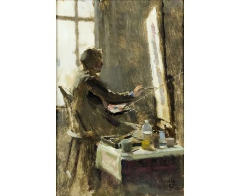 ***Gerald Norden (1912-2000) - Oil painting - Study of an artist in front of an easel (possibly John Ward), panel 9.5ins x 6.