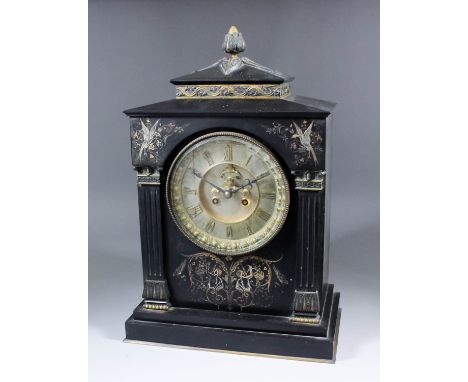 A late 19th Century French black slate and gilt metal mounted mantel clock by S. Marti & Cie, the 5.5ins diameter silvered ch