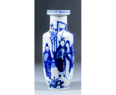 A Chinese blue and white porcelain vase in the "Kangxi" style, painted with three standing figures in a garden, 10.25ins (26c