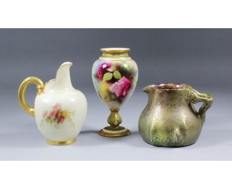 A Royal Worcester "Blush Ivory" porcelain bulbous jug with shaped rim and gilt moulded handle, decorated in colours and gilt 