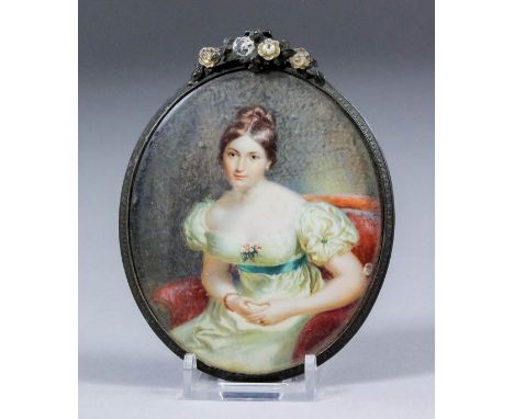 Late 19th/early 20th Century Continental school - Miniature painting - Half-length portrait of a young woman in early regency