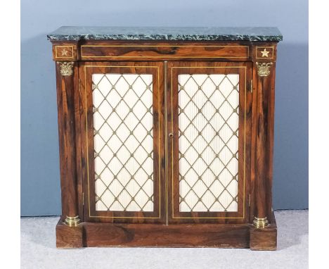 A George IV rosewood and brass inlaid chiffonier with green antico marble slab to top, fitted one shelf enclosed by a pair of