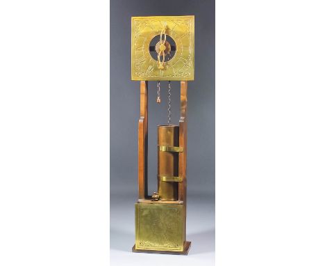 A brass and stained wood "water" clock of "16th/17th Century" design, the 8.5ins square dial with Roman numerals, to the weig