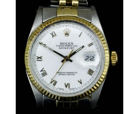 A late 1970's gentleman's bi-metallic  Rolex Oyster "Perpetual Datejust" Superlative Chronometer, No. 5254590, the white dial