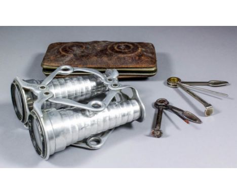 A pair of aluminum folding binoculars by Aitchison & Co of London, Patent No. 1016, and leather case for same, and two Czecho