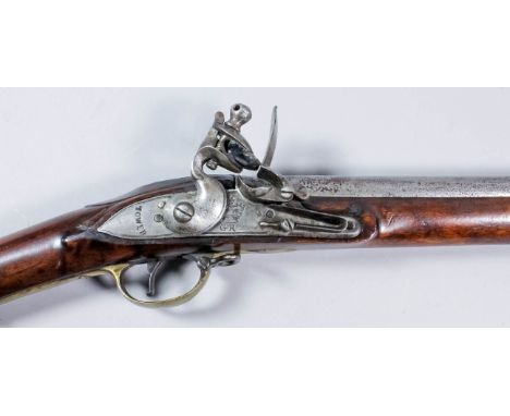 A good "Brown Bess" flintlock musket, circa 1790 (1801 issue), 39ins plain steeled barrel bearing proof marks, crown over CP 
