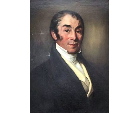 19th Century English school - Shoulder-length portrait of a gentleman wearing high collar, relined canvas 26.75ins x 20ins, i