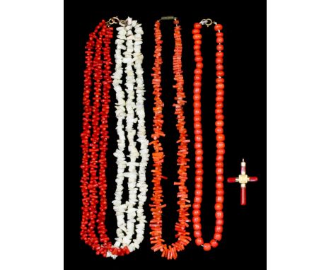 A late Victorian single strand of coral barrel pattern beads, each approximately 6mm diameter, 395mm overall (gross weight 31