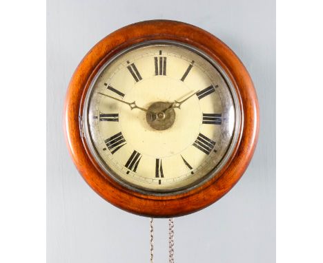 A 19th Century Black Forest "Postman's" wall clock, the 9ins diameter painted wood dial with Roman numerals, the wooden frame