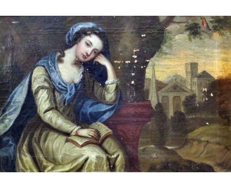 18th Century Northern European school - Oil painting - A seated woman with an open book on her lap, gazing intently out at th