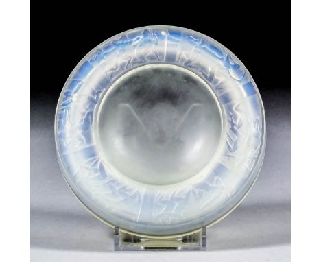 A Lalique frosted and opalescent glass "Cendrier Archers" pattern circular dish, moulded with naked male archers, 4.625ins di