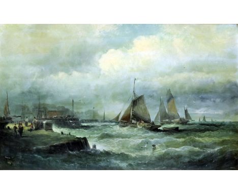 19th Century British school - Oil painting - Seascape with fishing boats on a rough sea in a harbour, canvas, 10ins x 15.75in