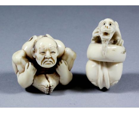 A Japanese ivory Netsuke carved in the form of a squatting wrestler, signed, 1.5ins (3.8cm) high, and a Japanese ivory Netsuk