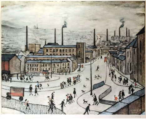 ARR Laurence Stephen Lowry (1887-1976) - Offset lithograph in colours - "Huddersfield" - Busy street scene with industrial wo