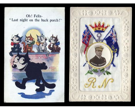 A collection of 21 postcards, including an embroidered silk and a portrait of Admiral Beatty, another embroidered silk with p