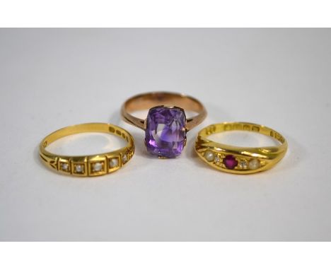 Two 18ct yellow gold rings, one set five graduated diamonds, size M, the other set ruby pearl and diamond, size K; and an unm