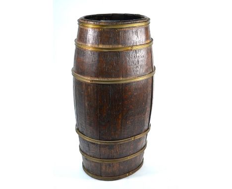 An old Rum breaker stick stand, brass bound coopered oak, 67 cm h