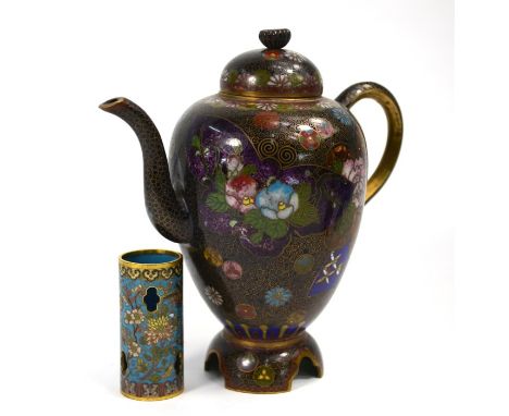 A Japanese cloisonne enamel ewer with domed cover and floral designs, 15 cm high, Meiji/Taisho Period; together with a small 