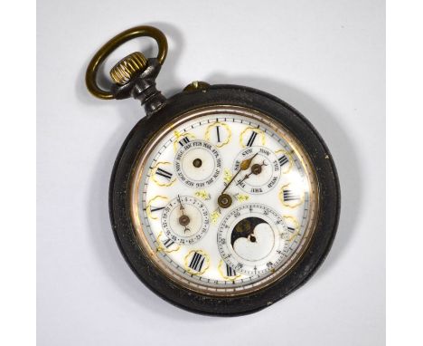 A Swiss steel open faced calendar pocket watch, the enamel dial with four subsidiary dials for month, date, day and seconds w