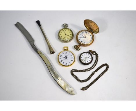 A US Elgin gold-plated hunter pocket watch with engraved case and top-wind movement, a Diantus gilt pocket watch, a nickel fo