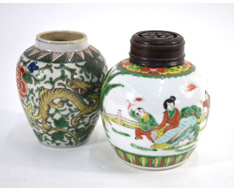 A Chinese Wucai oviform vase with unglazed base, decorated in typical underglaze blue, orange, yellow and green with a mythol