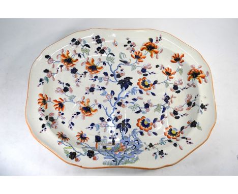A 19th century Copeland Spode meat plate with gravy well decorated in the Imari palette, 41.5 x 52 cmNo chips or cracks.&nbsp