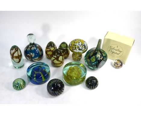 A collection of Mdina glass including nine paperweights, a doorstop, mushroom and bottle vase to/w a Gibraltar Crystal paperw